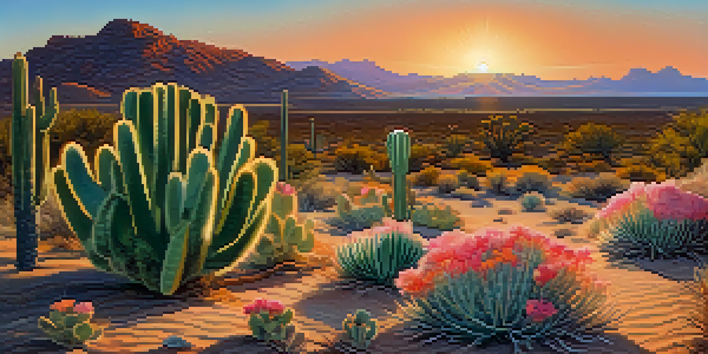 A peaceful desert scene with a peyote cactus, colorful flora, and a sunset sky.
