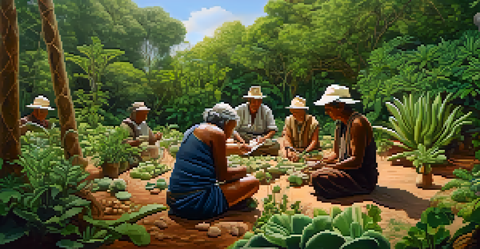 A workshop on sustainable peyote harvesting with an Indigenous elder demonstrating techniques in a garden setting.