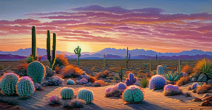 A peaceful desert scene during sunset with colorful skies and peyote cacti in the foreground.