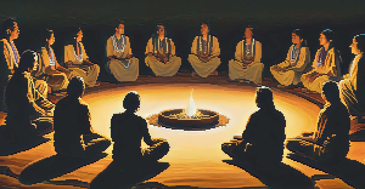 A nighttime peyote ceremony with Native American individuals in traditional attire, gathered around a warm fire, singing and drumming.