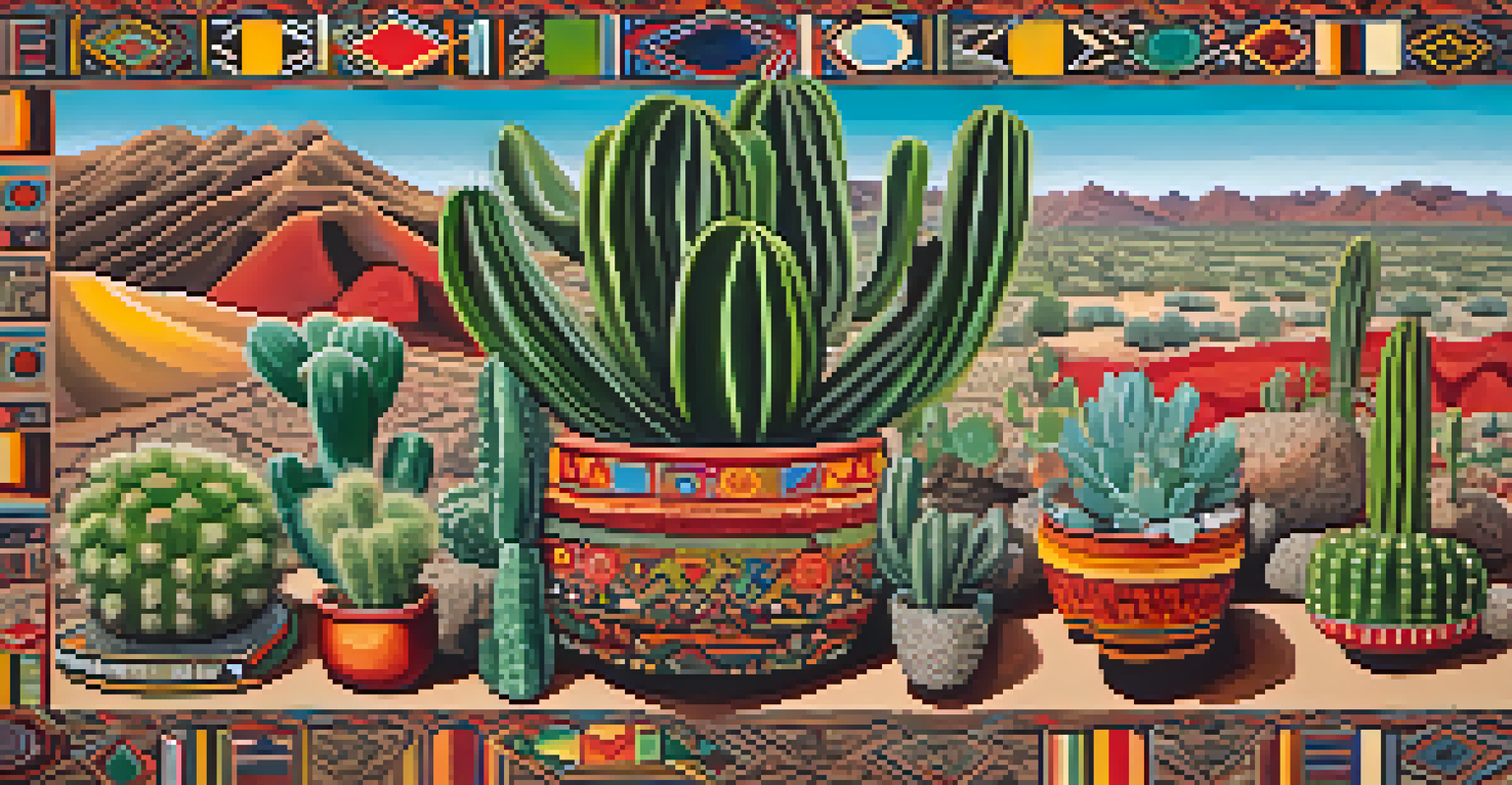 A colorful collage of peyote plants and traditional Indigenous symbols on an earthy background, highlighting cultural heritage.