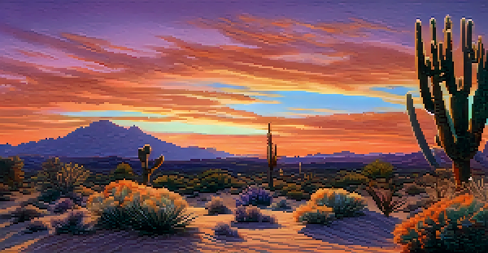 A desert scene featuring a peyote cactus in the foreground and a colorful sunset sky.
