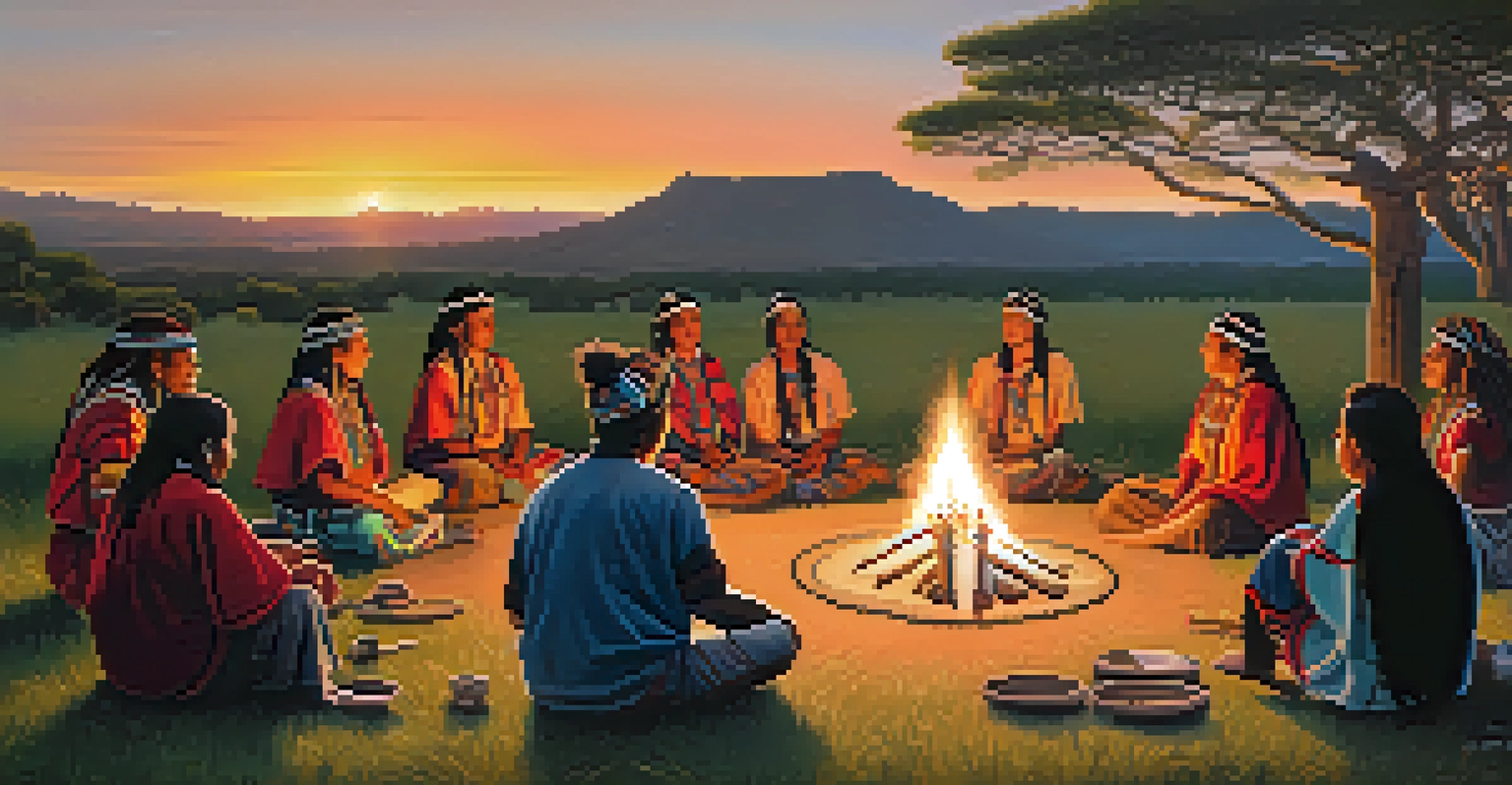 A group of Indigenous people in a circle during a peyote ceremony, surrounded by nature and warm campfire light, showcasing community and tradition.