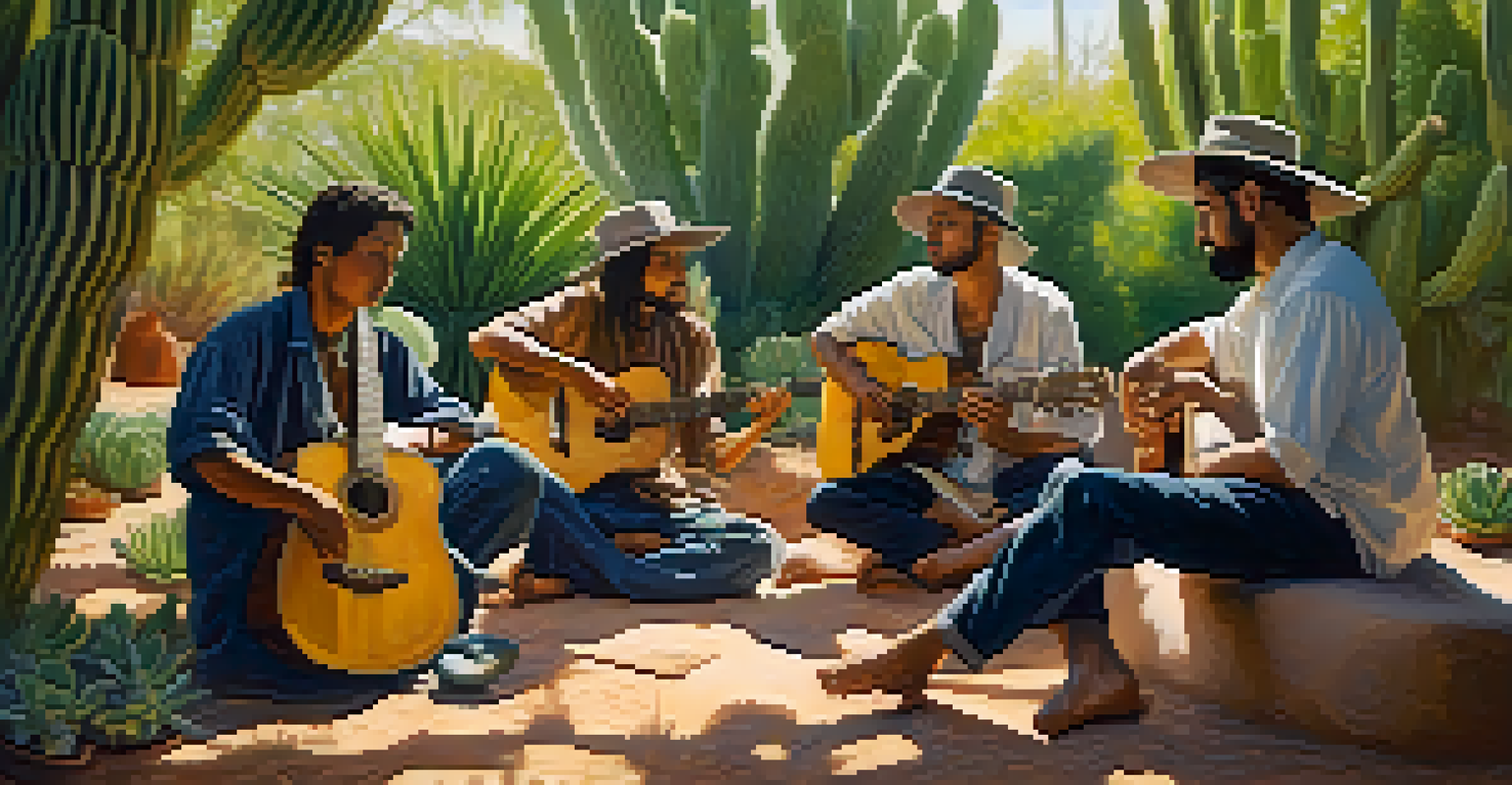 Musicians playing acoustic instruments around a peyote cactus in a serene outdoor setting.