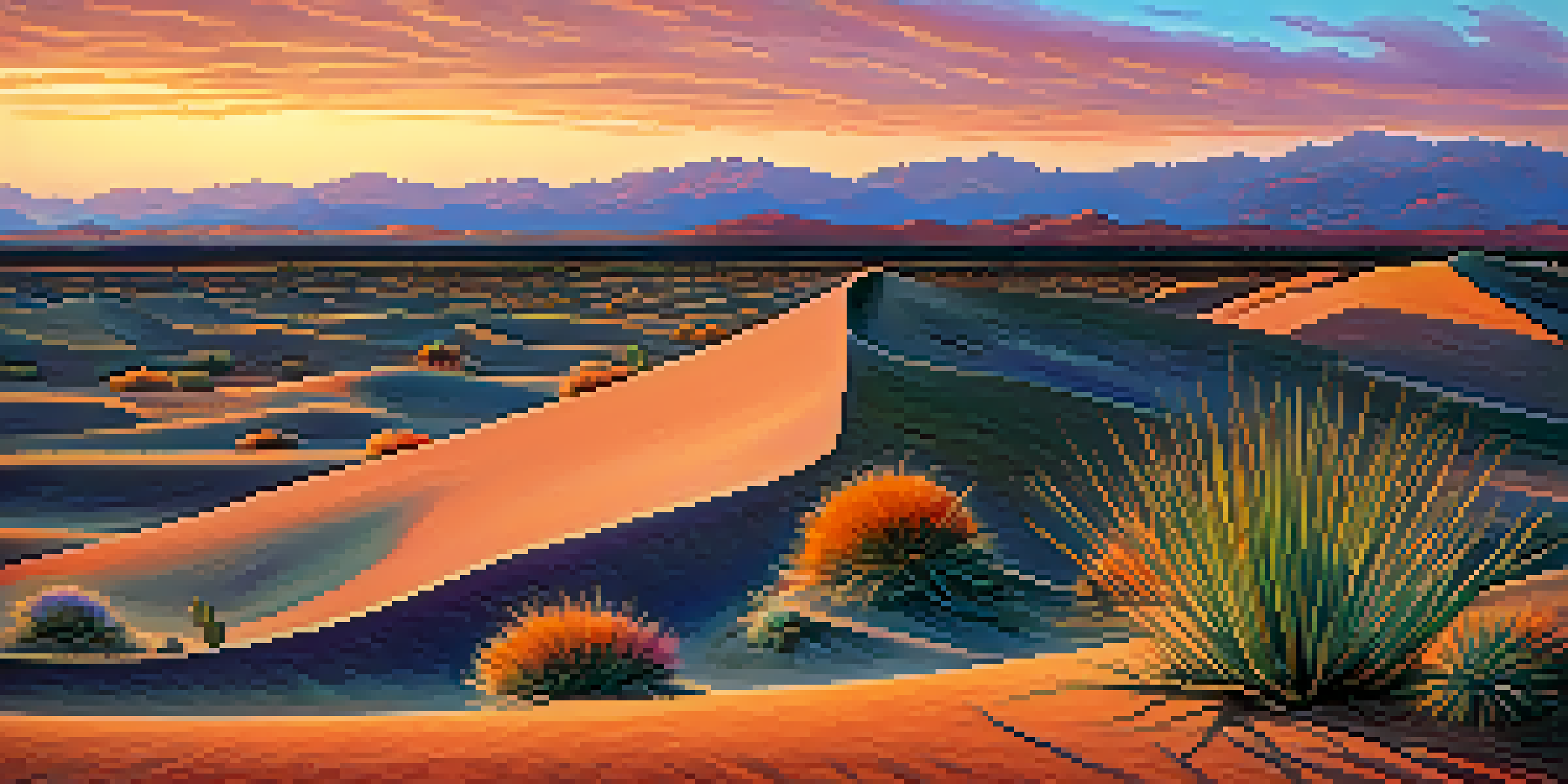 A desert landscape at dusk with a peyote cactus in the foreground, vibrant sunset colors in the sky, and soft shadows on the sand.