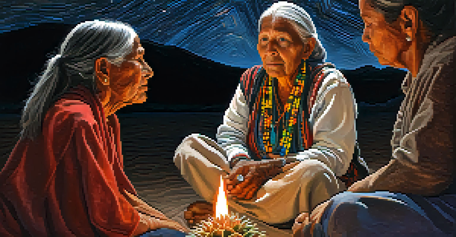 A close-up of a wise female elder sharing stories during a peyote ceremony, with colorful peyote cacti and a starry night sky in the background.