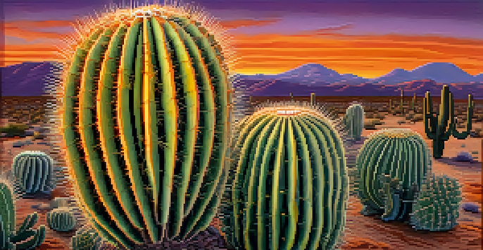 Close-up of a peyote cactus with textured skin and vibrant buttons, blurred desert landscape at sunset in the background.