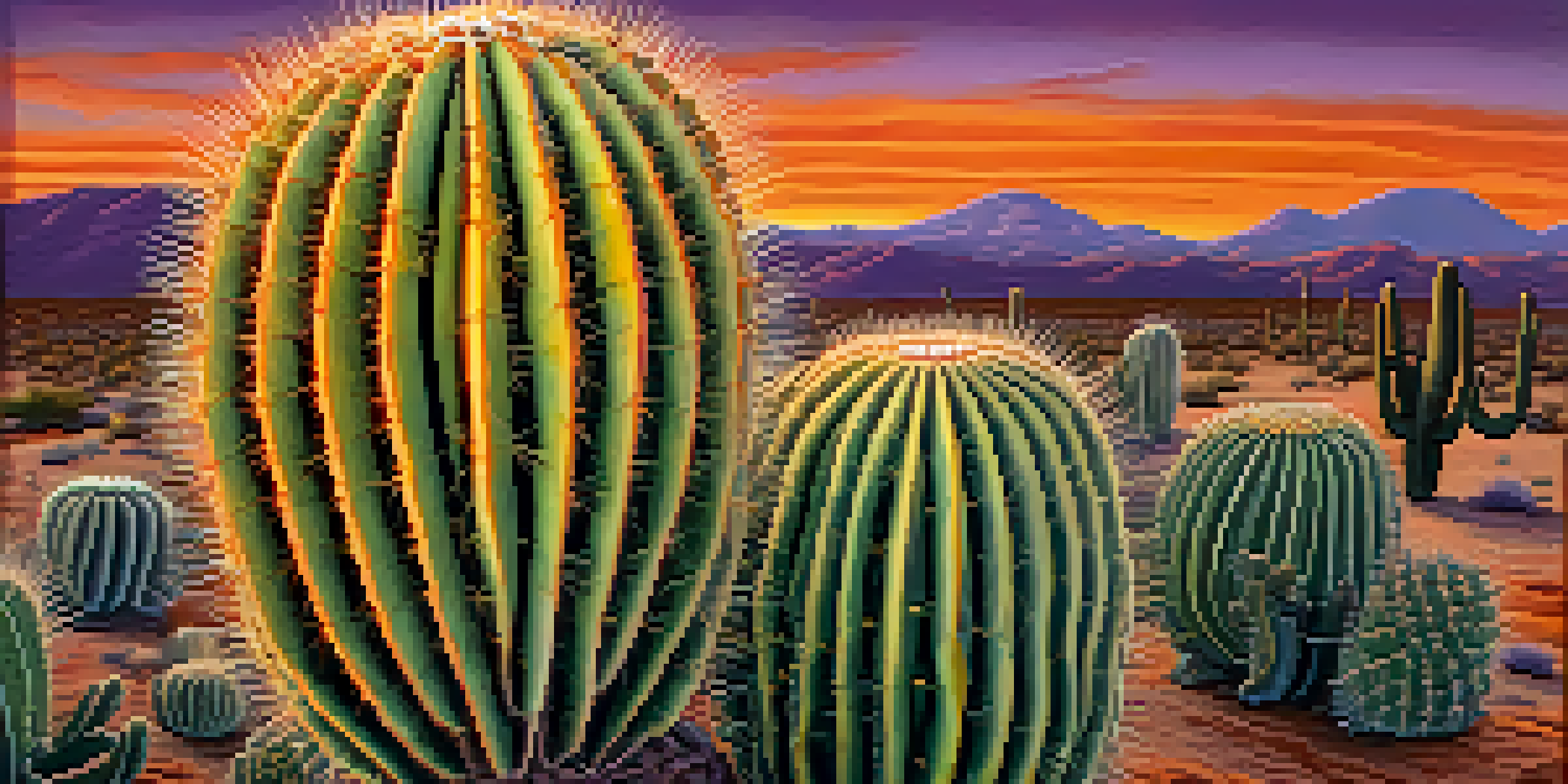 Close-up of a peyote cactus with textured skin and vibrant buttons, blurred desert landscape at sunset in the background.