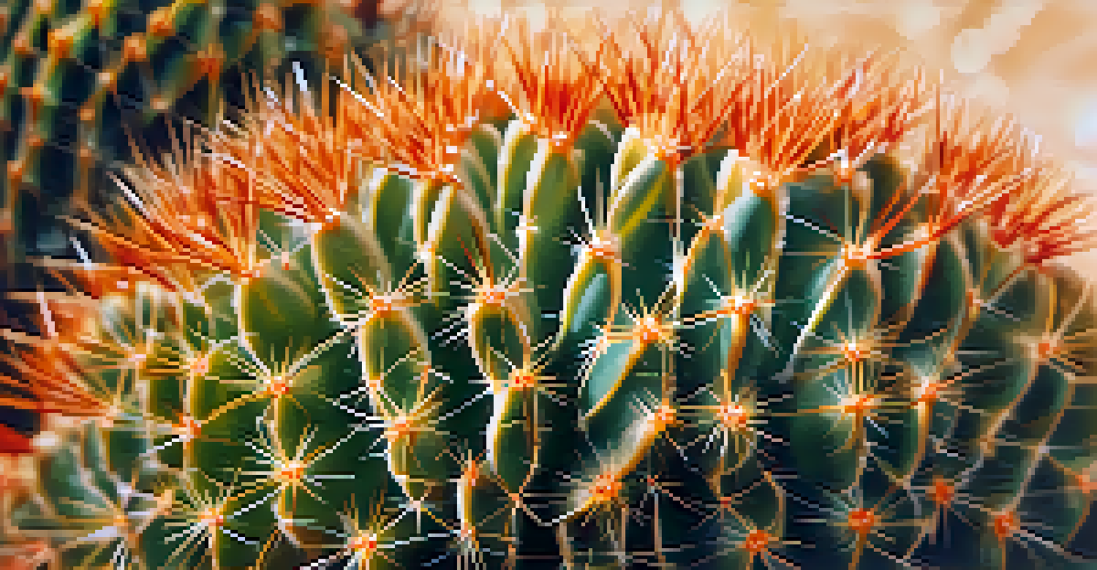 Close-up of a peyote cactus displaying its spines and circular patterns, with soft lighting and a blurred desert background.