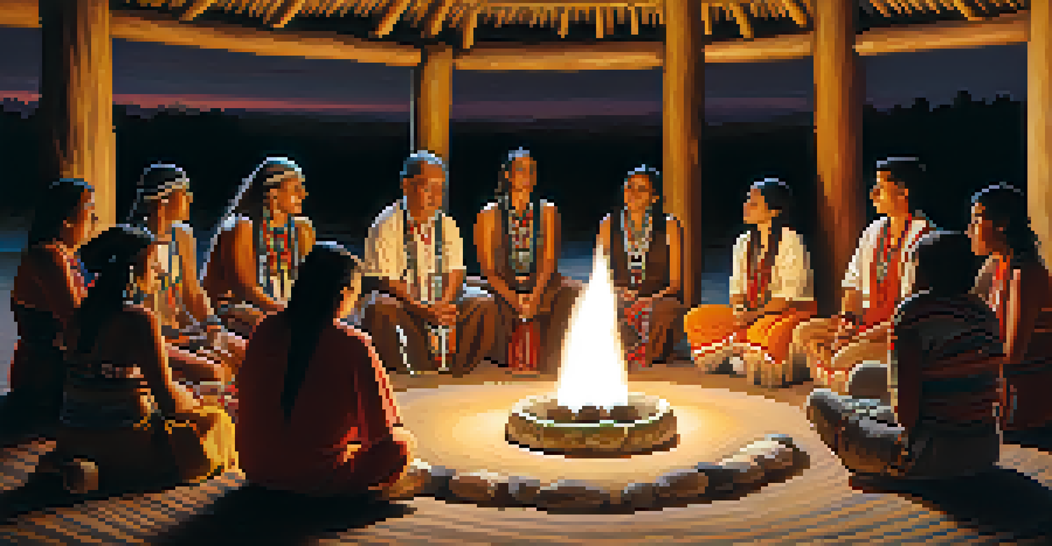 A Peyote ceremony with participants seated in a circle inside a traditional structure, surrounded by textiles and soft lighting.
