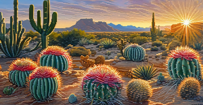 A detailed view of a peyote cactus in a desert setting, illuminated by warm sunlight, highlighting its textures and colors.