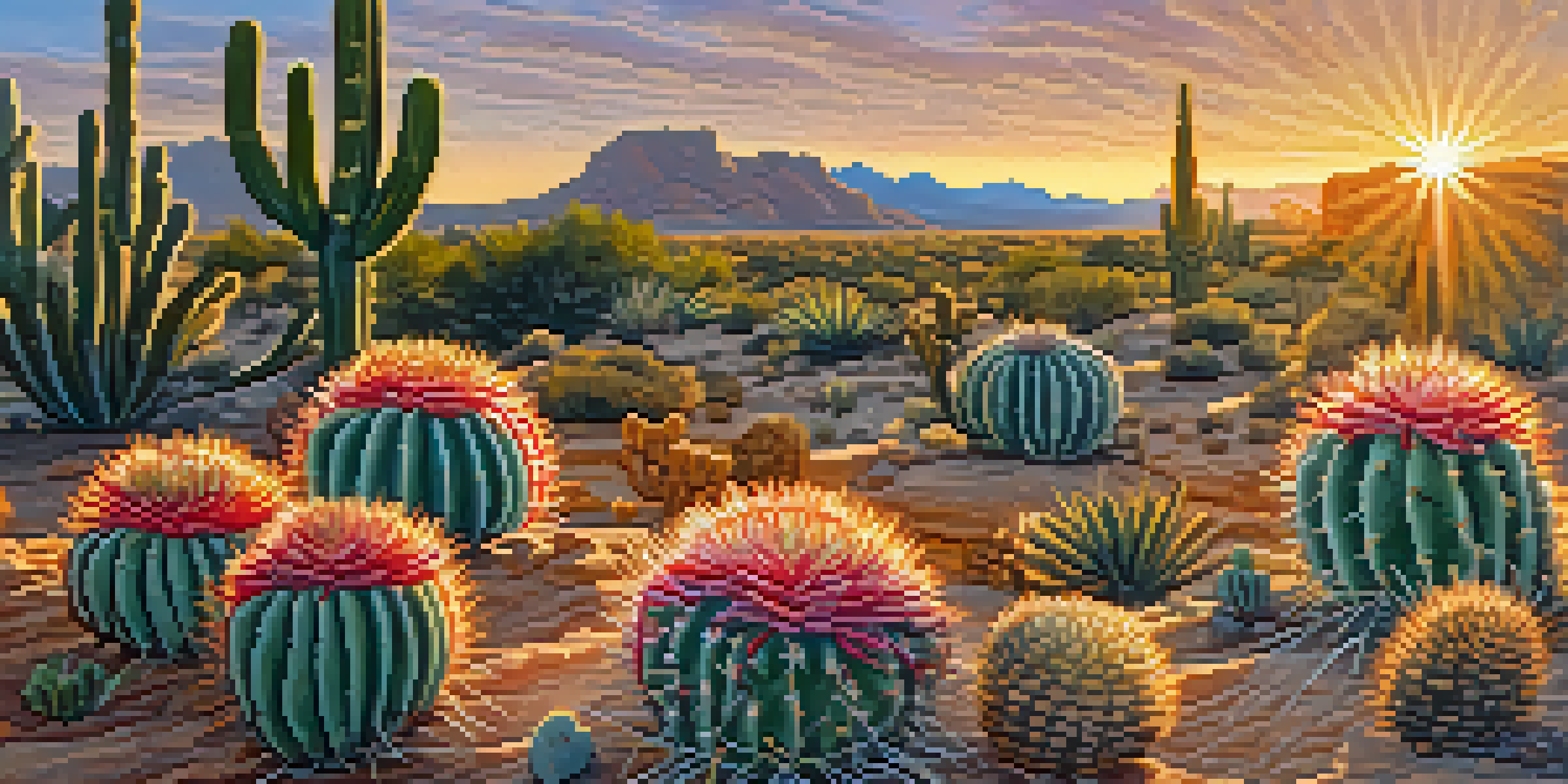 A detailed view of a peyote cactus in a desert setting, illuminated by warm sunlight, highlighting its textures and colors.