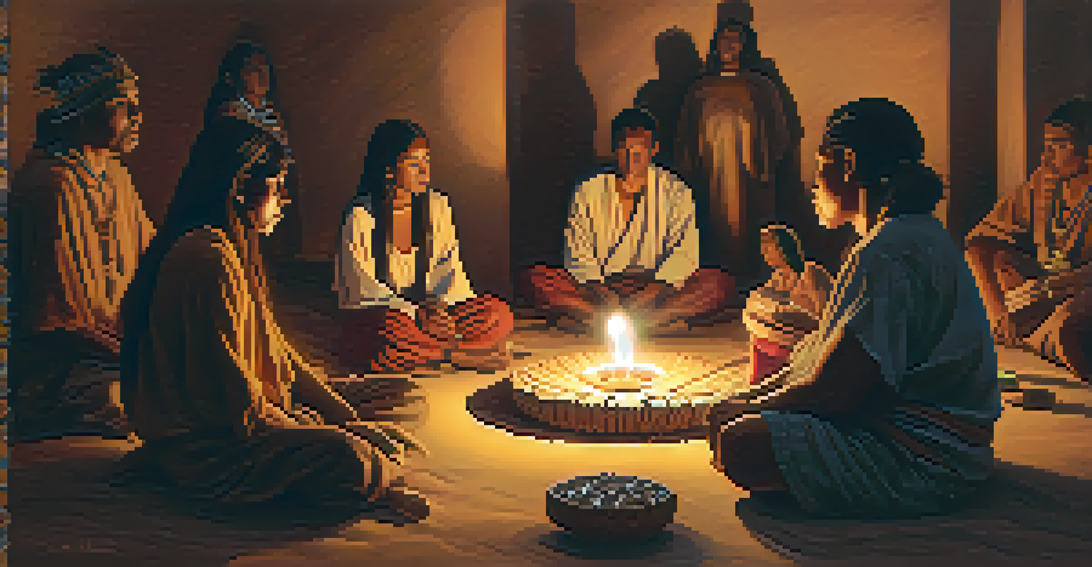 A group of Indigenous individuals engaged in a peyote ceremony surrounded by candles and traditional items.