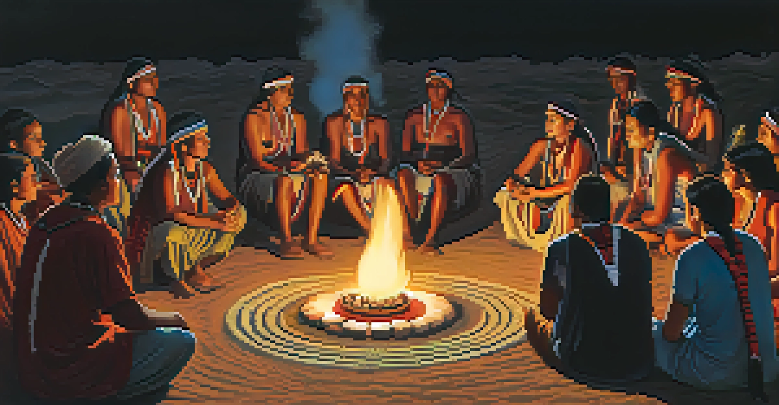 An Indigenous ceremony with participants in traditional attire around a fire, holding peyote buttons, illuminated by the warm glow of the fire.