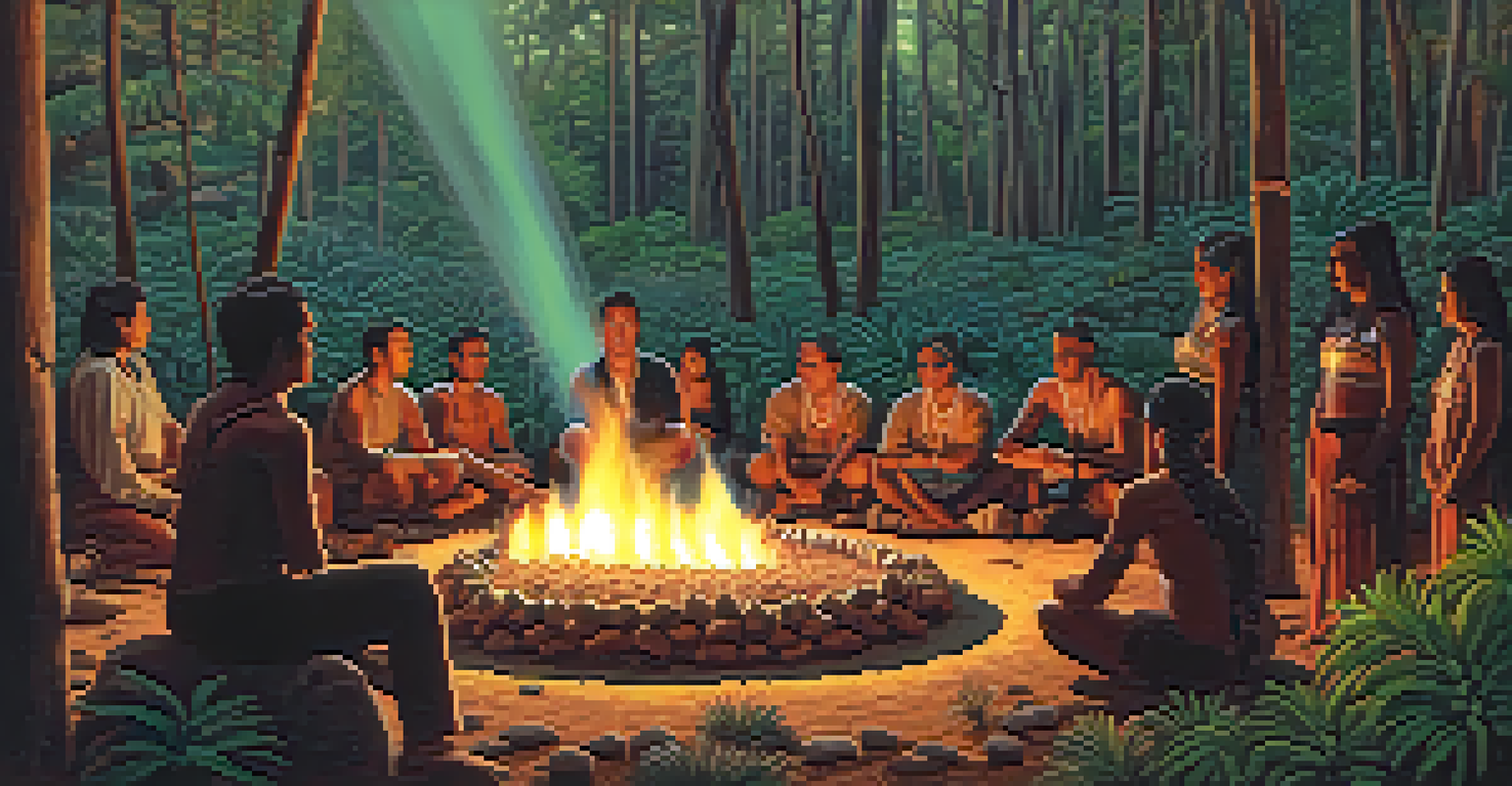 An Indigenous ceremony in a forest with participants around a fire and peyote cacti arranged in a circle.