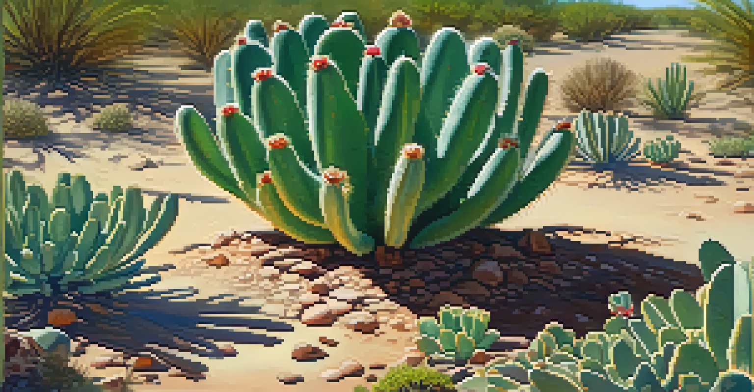 A close-up view of a peyote cactus surrounded by desert vegetation, with sunlight filtering through trees, showcasing the details of the cactus and soil.