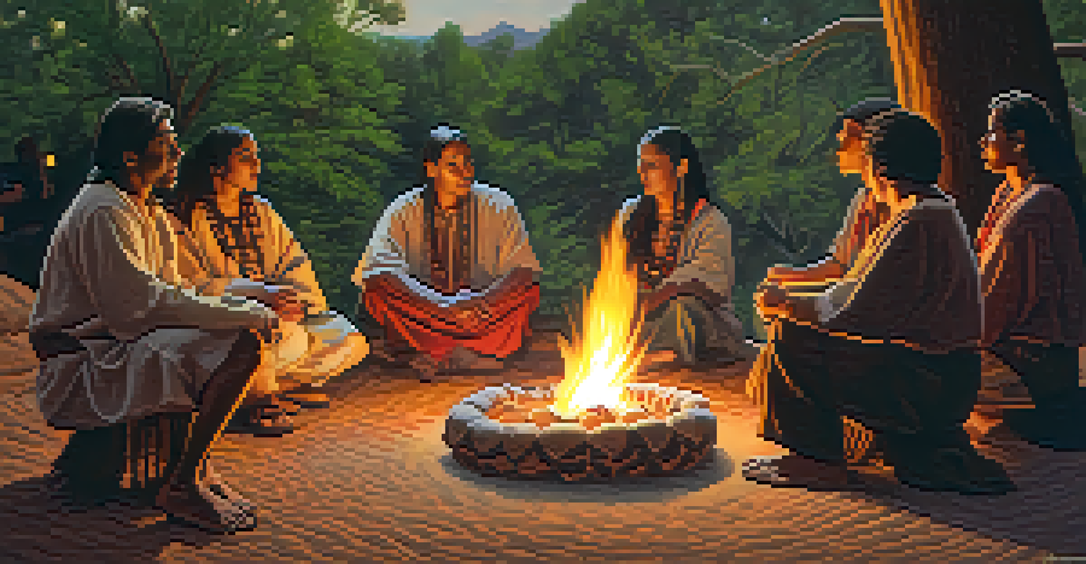 A group of people in traditional attire engaged in a peyote ceremony around a fire, surrounded by trees.