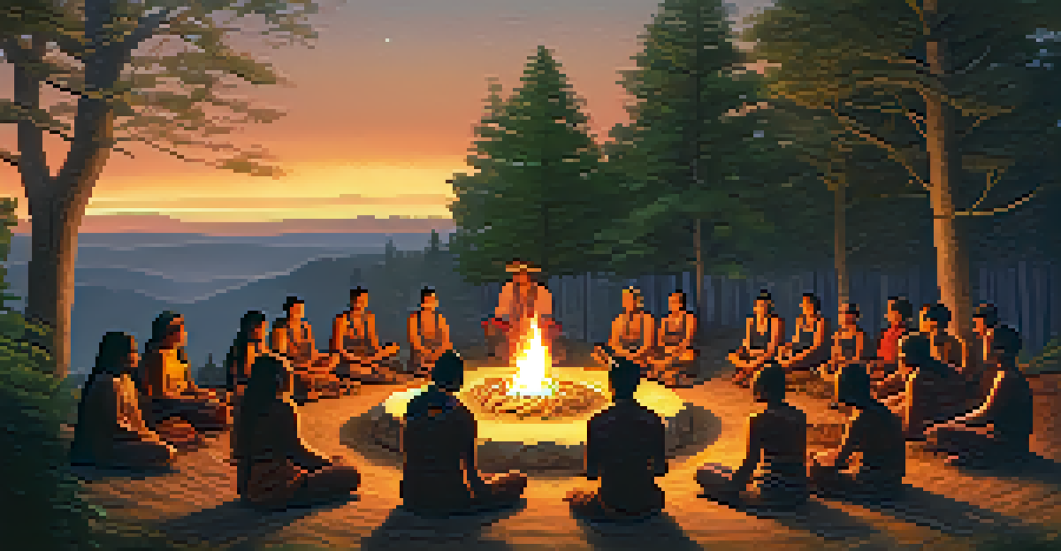 An Indigenous ceremony with participants in a circle around a fire, surrounded by trees and soft lighting.