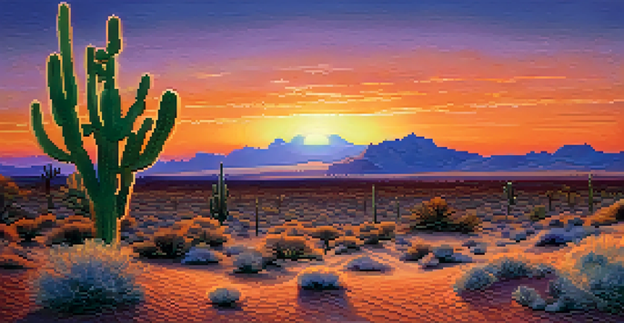A tranquil desert scene at sunset with a peyote cactus in the foreground, vibrant sunset colors, and distant mountains.