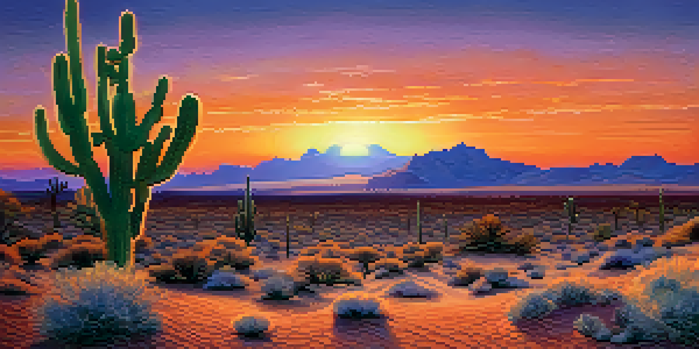A tranquil desert scene at sunset with a peyote cactus in the foreground, vibrant sunset colors, and distant mountains.