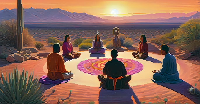 Participants meditating in a peyote ritual, surrounded by desert plants and a colorful sunset sky.