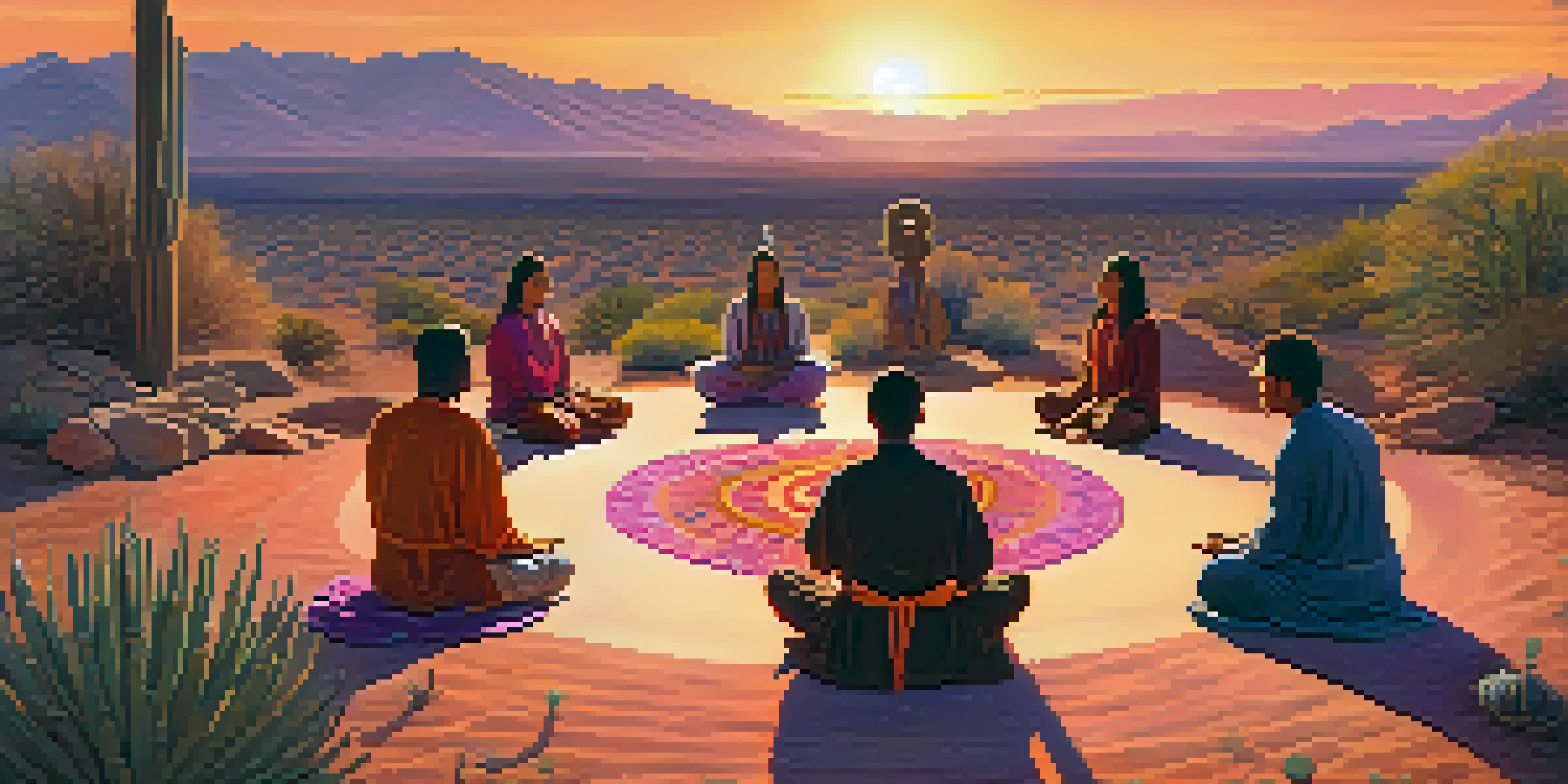 Participants meditating in a peyote ritual, surrounded by desert plants and a colorful sunset sky.