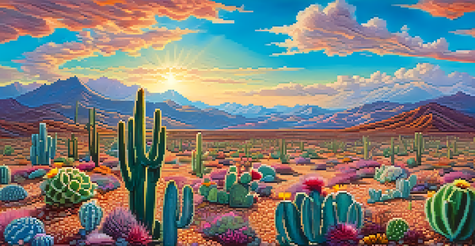 A surreal landscape with blooming peyote cacti, colorful clouds, and mountains in the background.