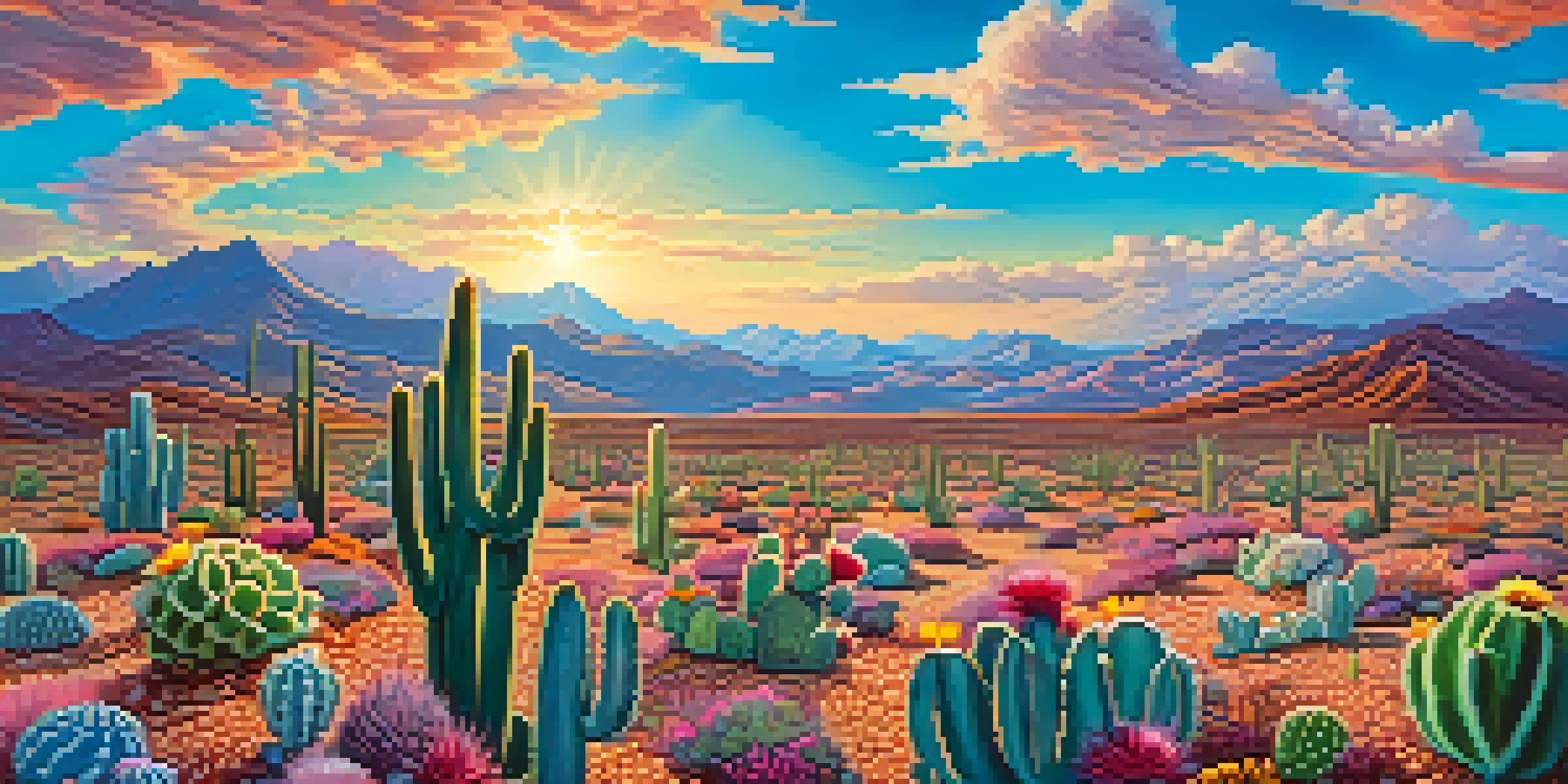 A surreal landscape with blooming peyote cacti, colorful clouds, and mountains in the background.