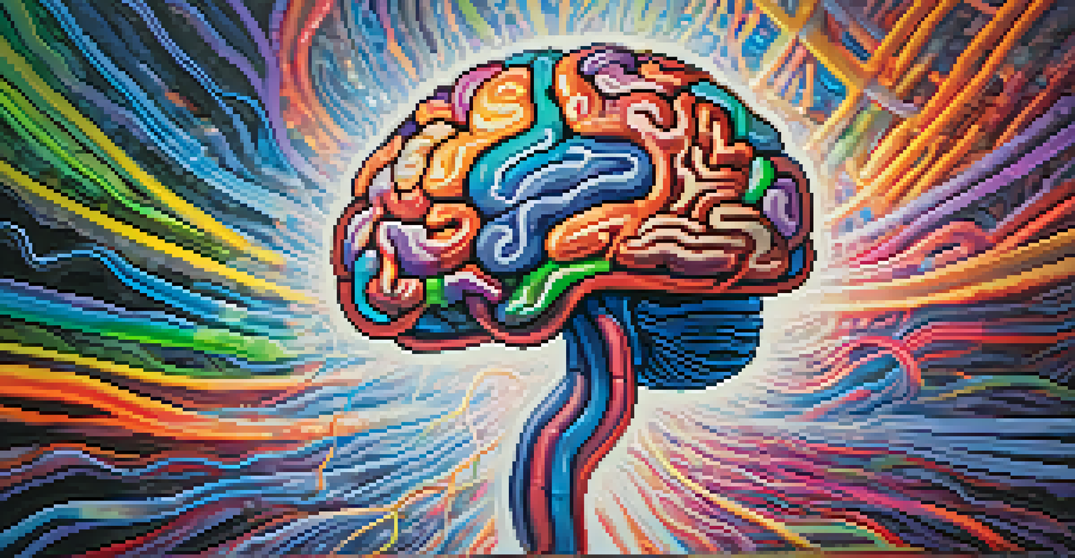 A colorful artistic depiction of a brain with illuminated neural connections, set against an abstract background representing altered consciousness.