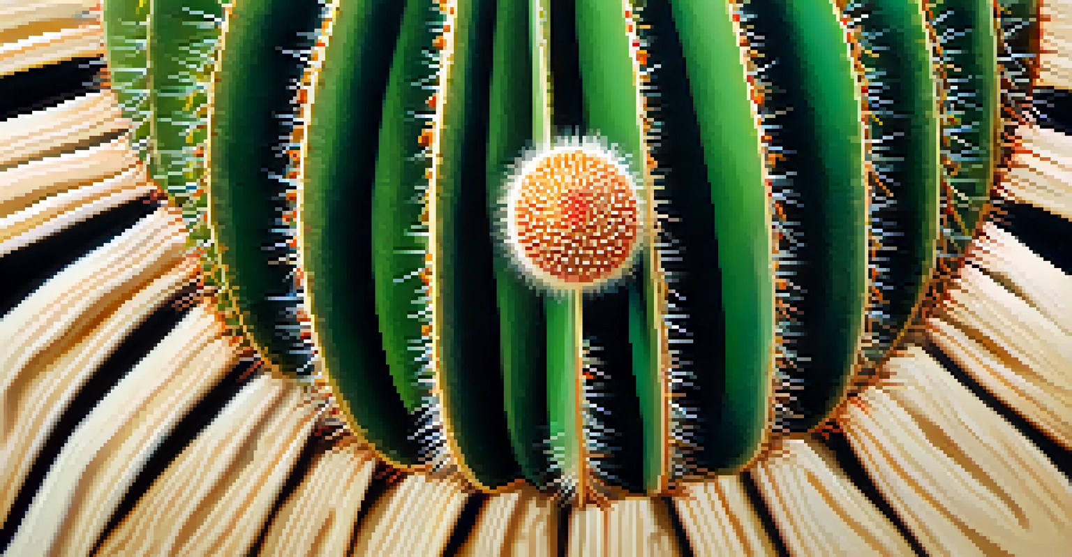 Close-up of a peyote cactus highlighting its texture and spines against a blurred desert background.