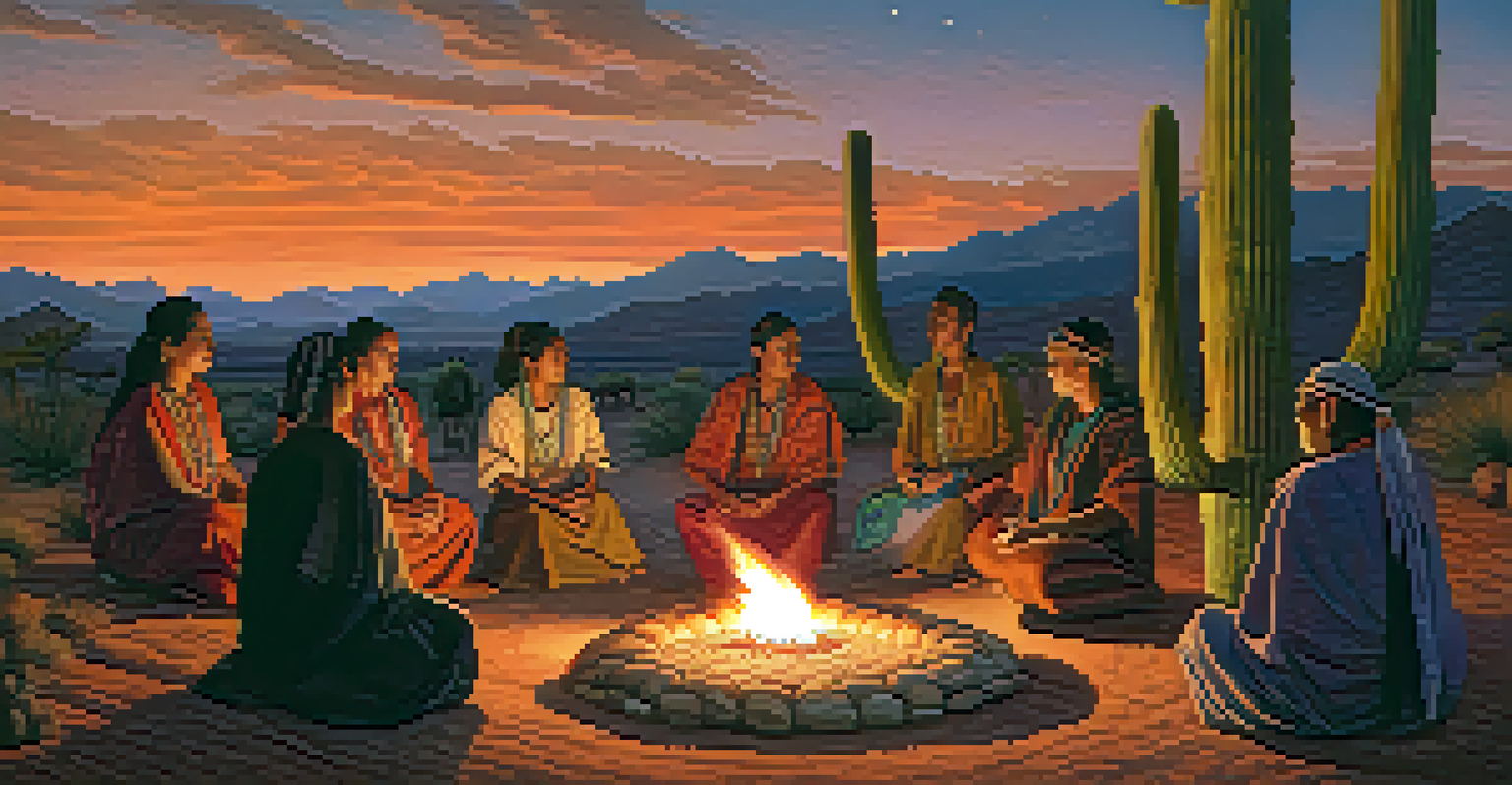 A close-up of a peyote ceremony with participants seated around a fire, surrounded by traditional items and a starry twilight sky.
