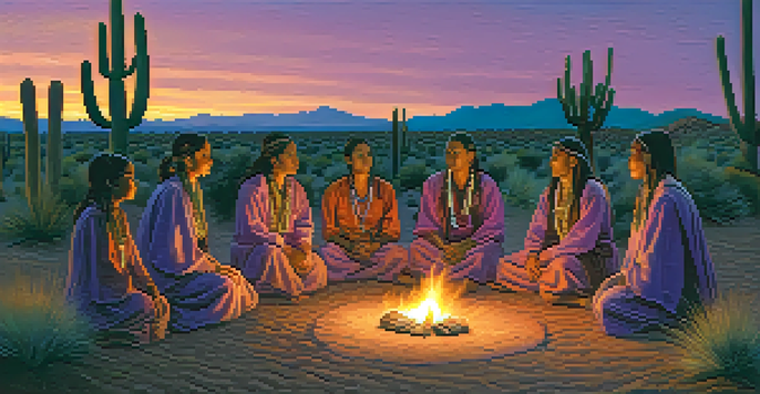 A group of Native American participants in traditional clothing gathered around a small fire during a Peyote ceremony at dusk, with a desert landscape and a colorful sky.