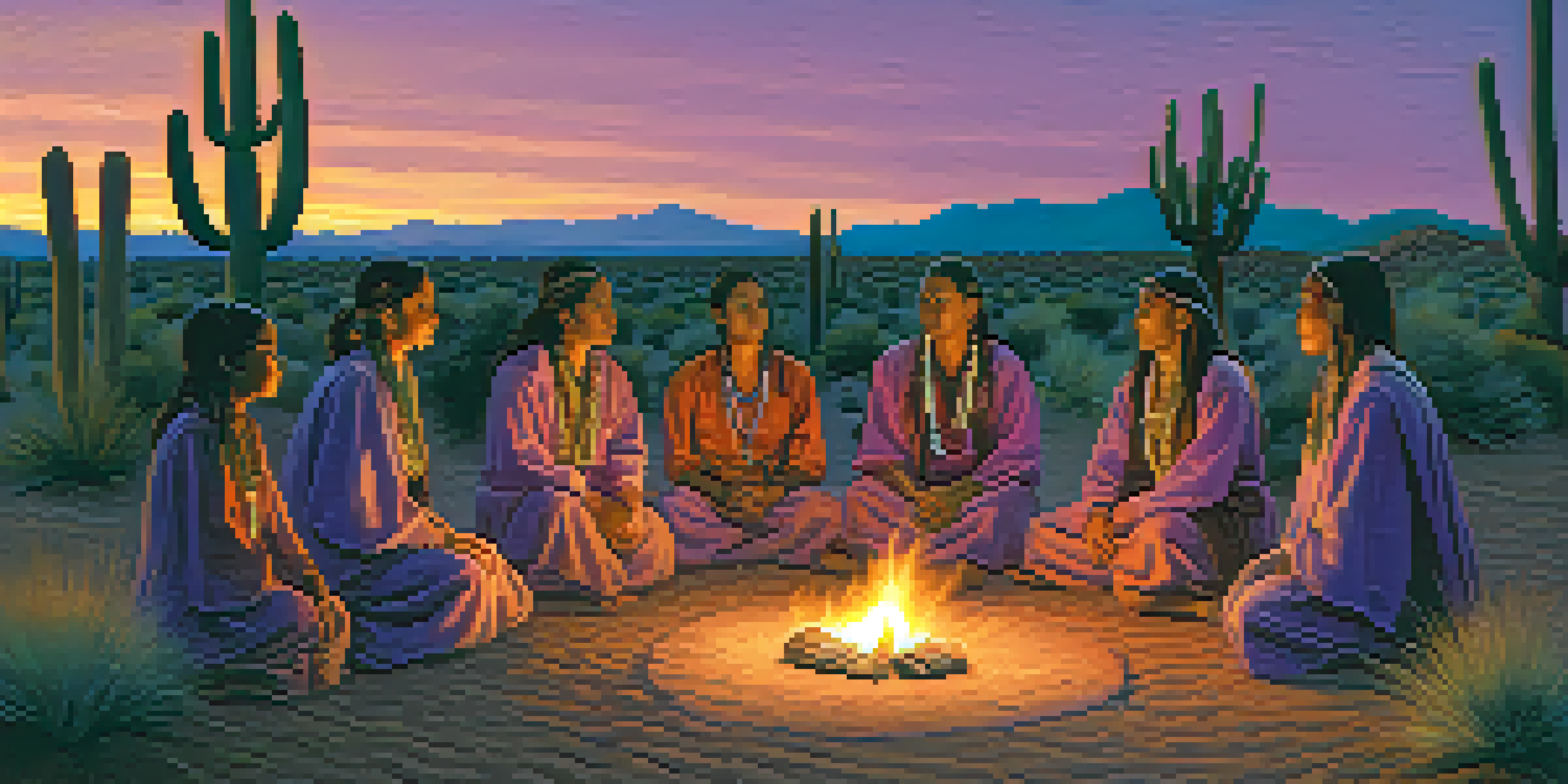 A group of Native American participants in traditional clothing gathered around a small fire during a Peyote ceremony at dusk, with a desert landscape and a colorful sky.