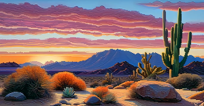 A tranquil desert scene with a peyote cactus in the foreground and a colorful sunset sky.
