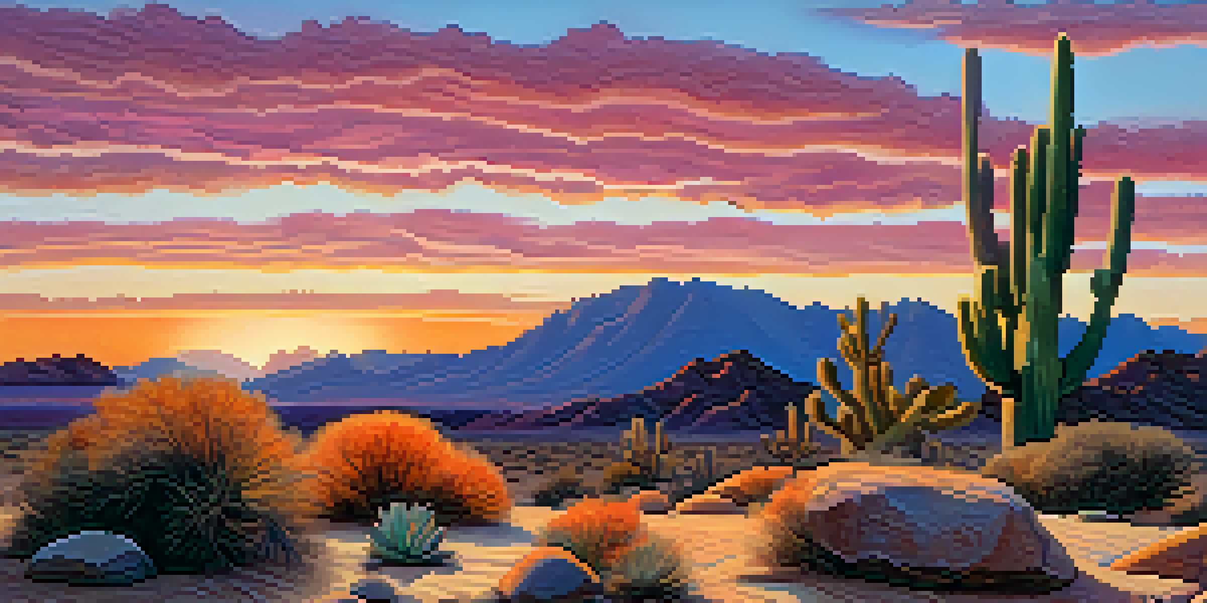 A tranquil desert scene with a peyote cactus in the foreground and a colorful sunset sky.