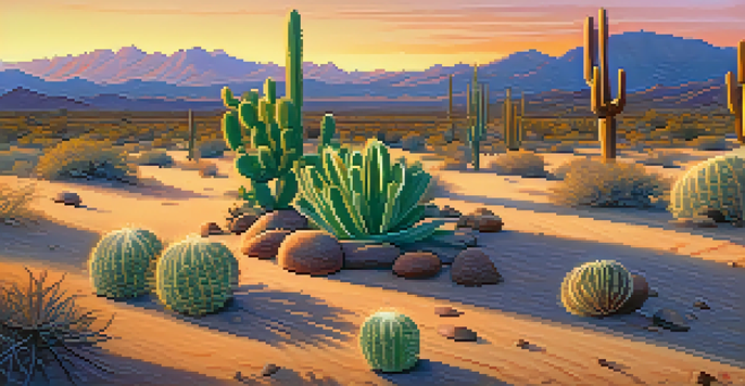 A tranquil desert scene with a peyote cactus at sunset, featuring warm orange and purple skies.