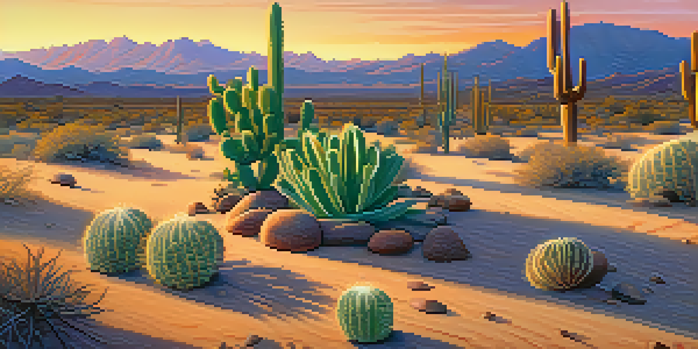 A tranquil desert scene with a peyote cactus at sunset, featuring warm orange and purple skies.