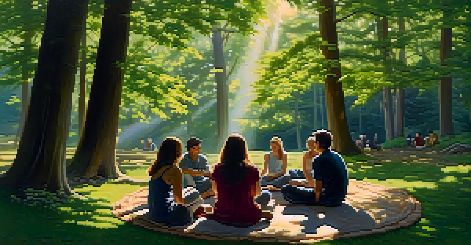 A group of individuals sitting in a circle in a forest, engaging in reflection amidst nature.