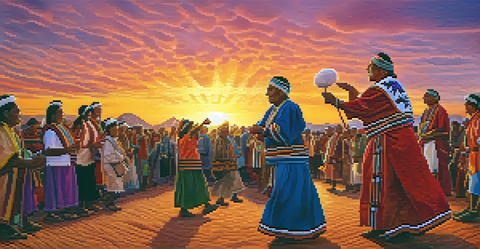 A community gathering celebrating elders in peyote practices with traditional attire and a sunset backdrop.