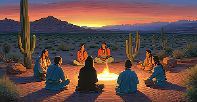 A group of people participating in a peyote ceremony at dusk, sitting in a circle around a fire with a starry sky in the background.