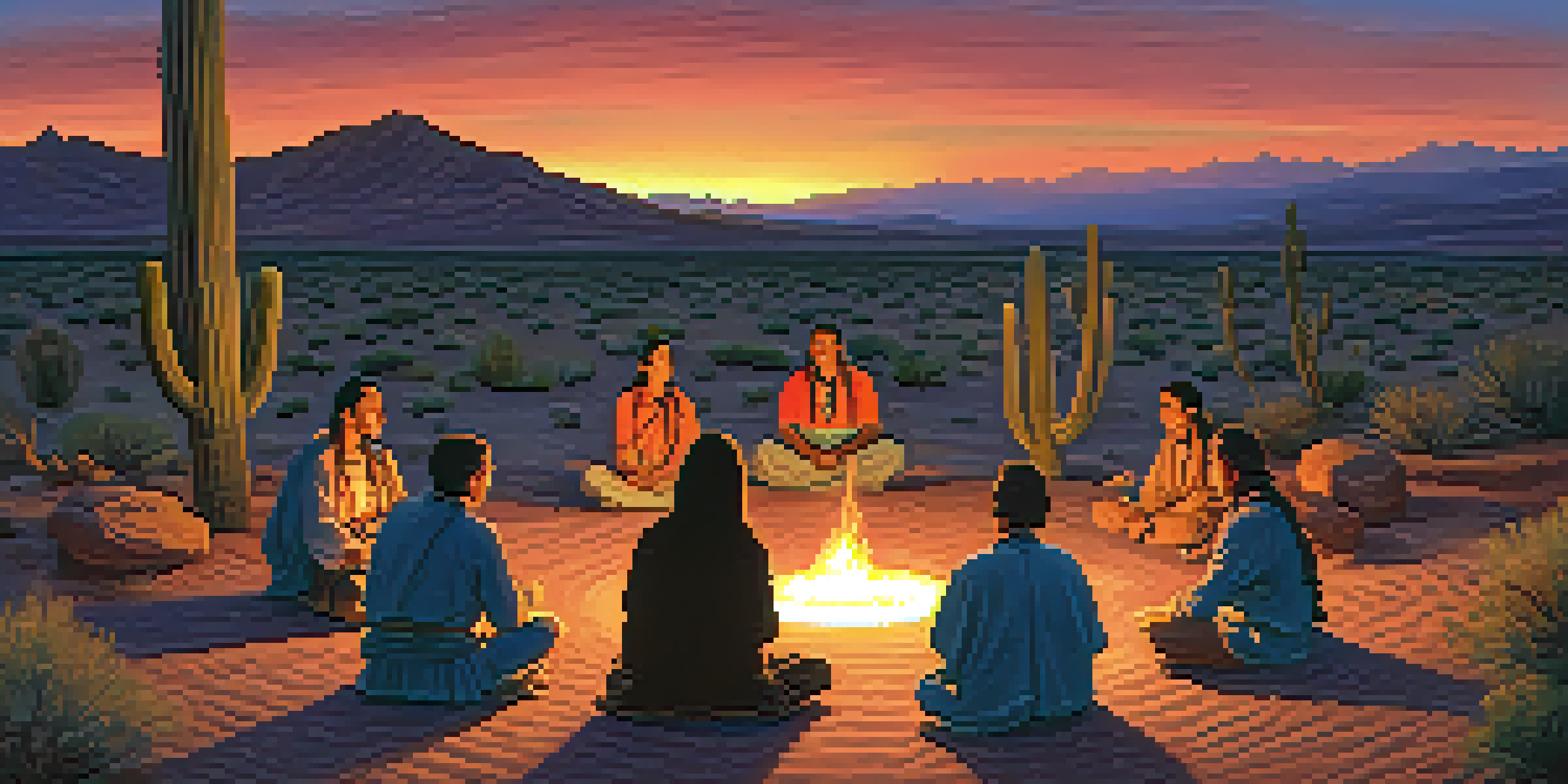 A group of people participating in a peyote ceremony at dusk, sitting in a circle around a fire with a starry sky in the background.
