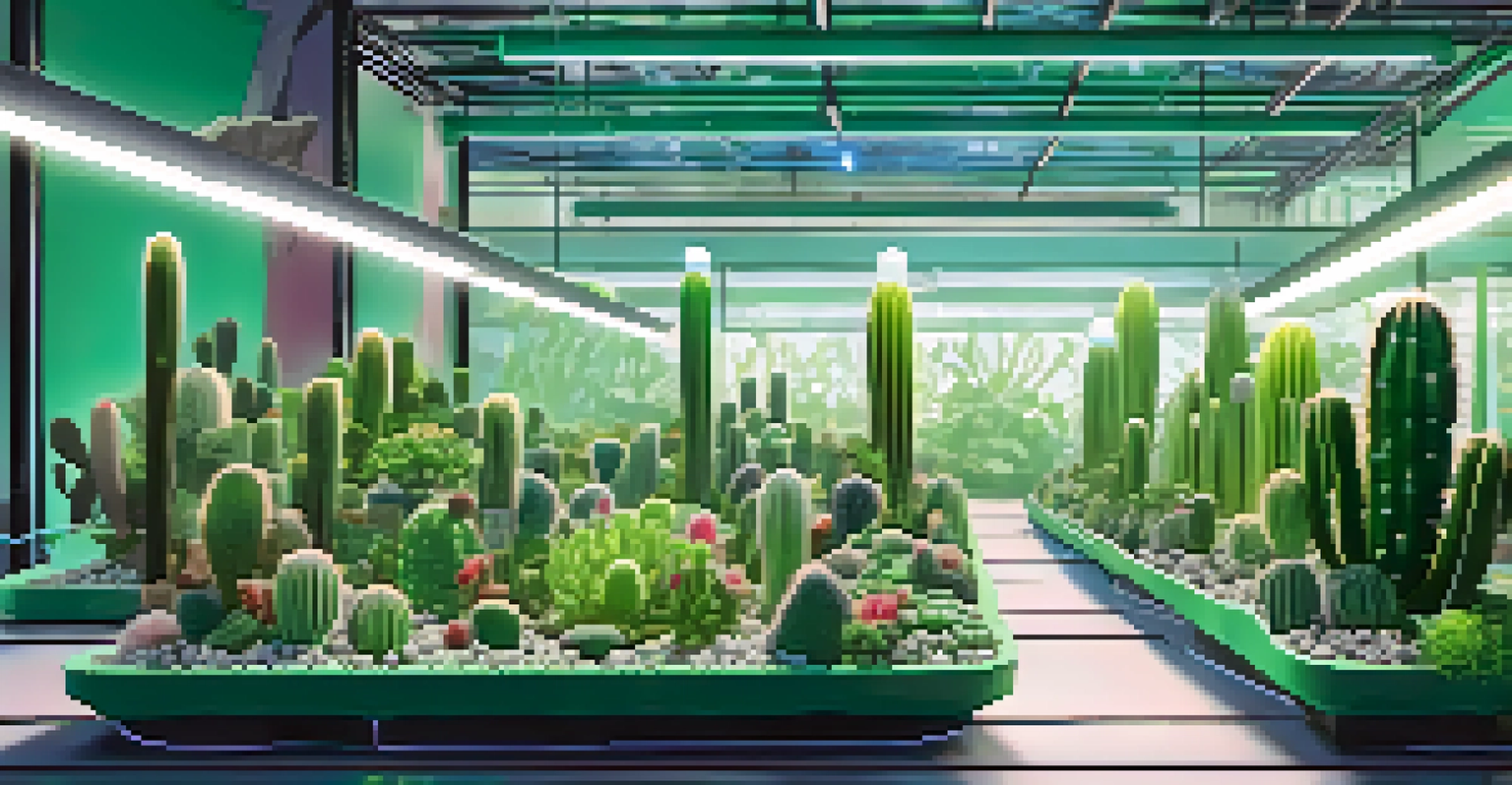 A modern hydroponics system with peyote cacti growing under bright LED lights, highlighting the innovative cultivation method in an urban environment.