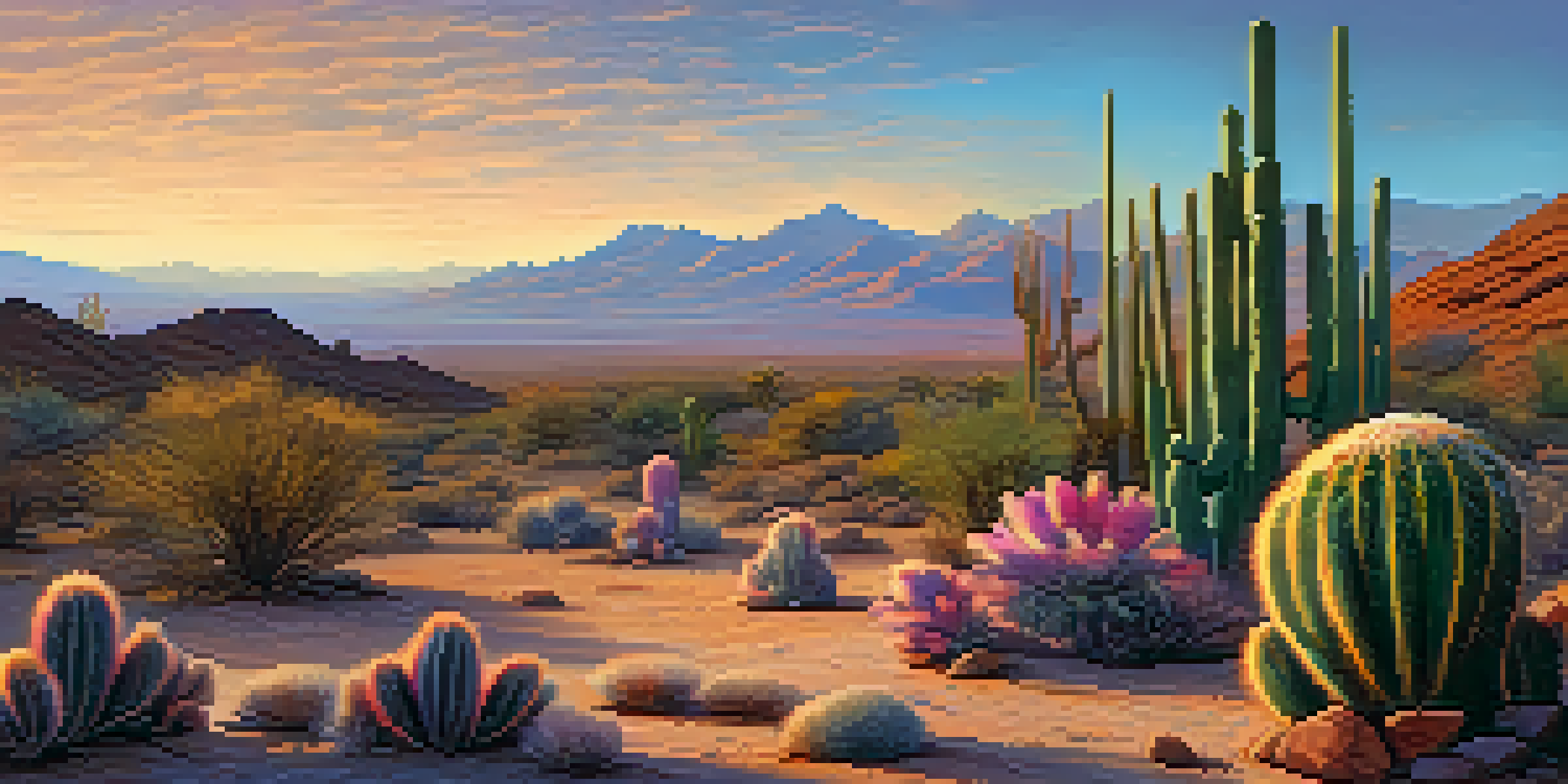 A peaceful desert scene at sunrise with peyote cacti in the foreground and mountains in the background.