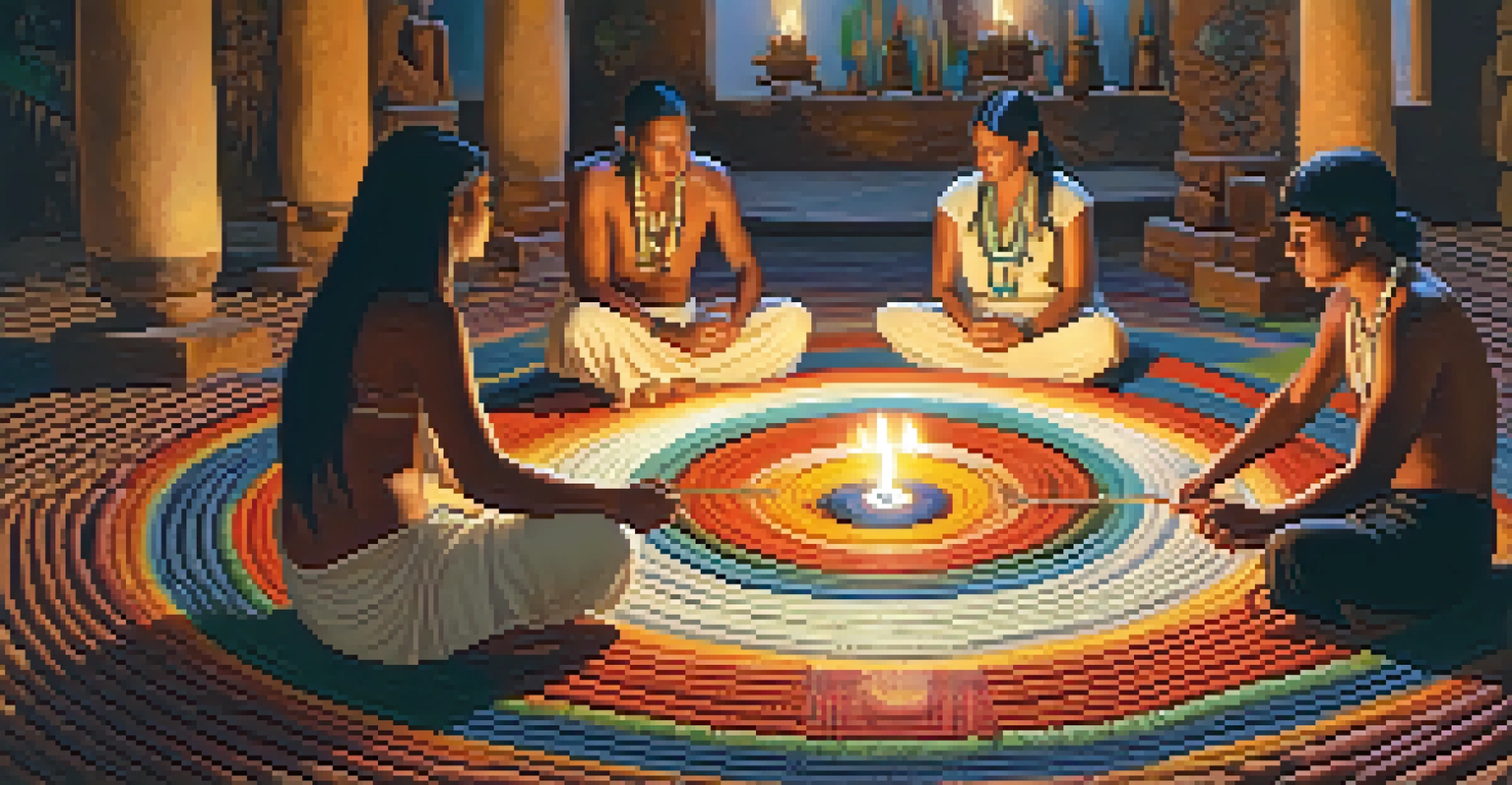 A group of people participating in a peyote ceremony, sitting on mats with candles and Indigenous artifacts around them.