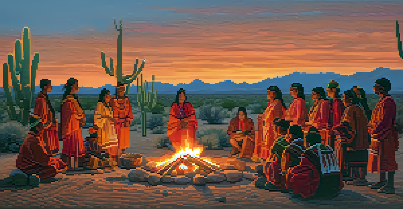Indigenous ceremony at dusk with people around a fire and a peyote cactus in the center, illuminated by warm firelight.
