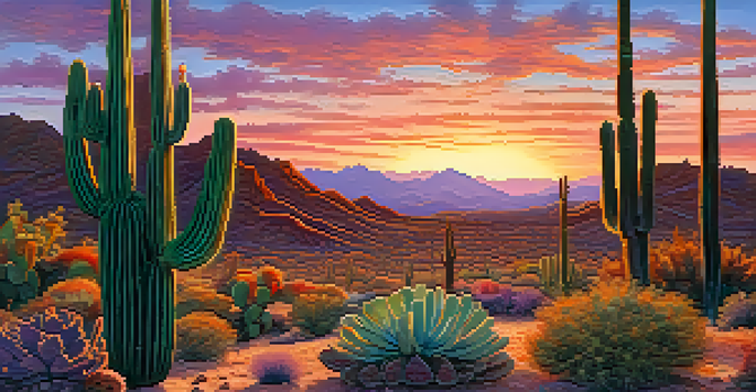 A tranquil desert landscape with peyote cacti illuminated by a sunset, showcasing vibrant colors and mountain silhouettes.