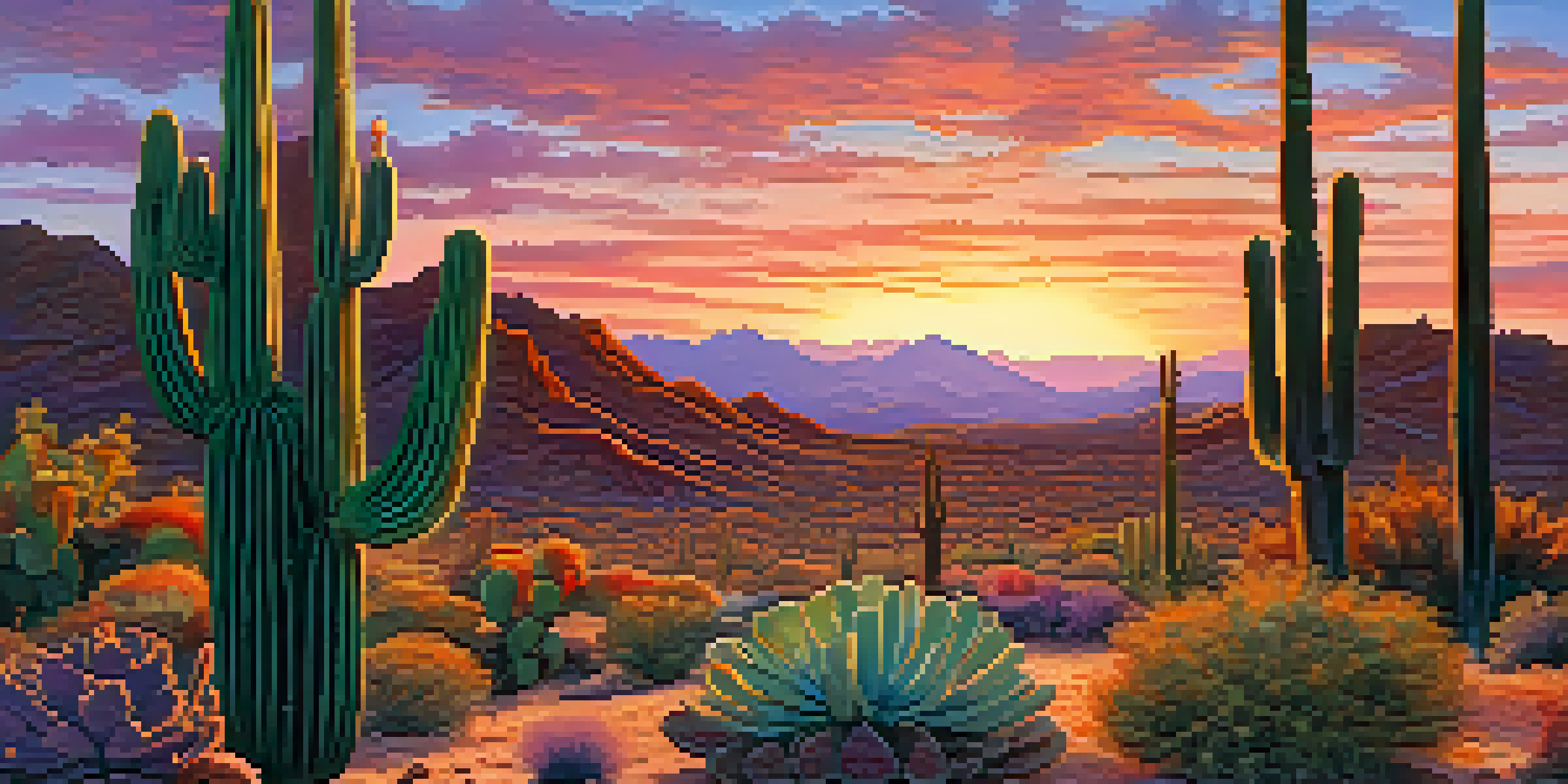A tranquil desert landscape with peyote cacti illuminated by a sunset, showcasing vibrant colors and mountain silhouettes.