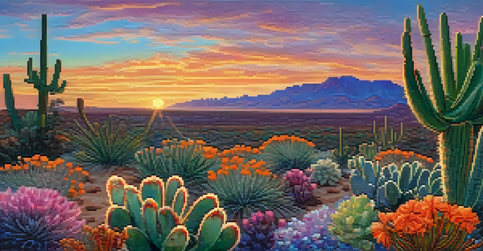 A desert landscape at sunset with a small peyote cactus in the foreground, surrounded by colorful wildflowers and a vibrant sky.