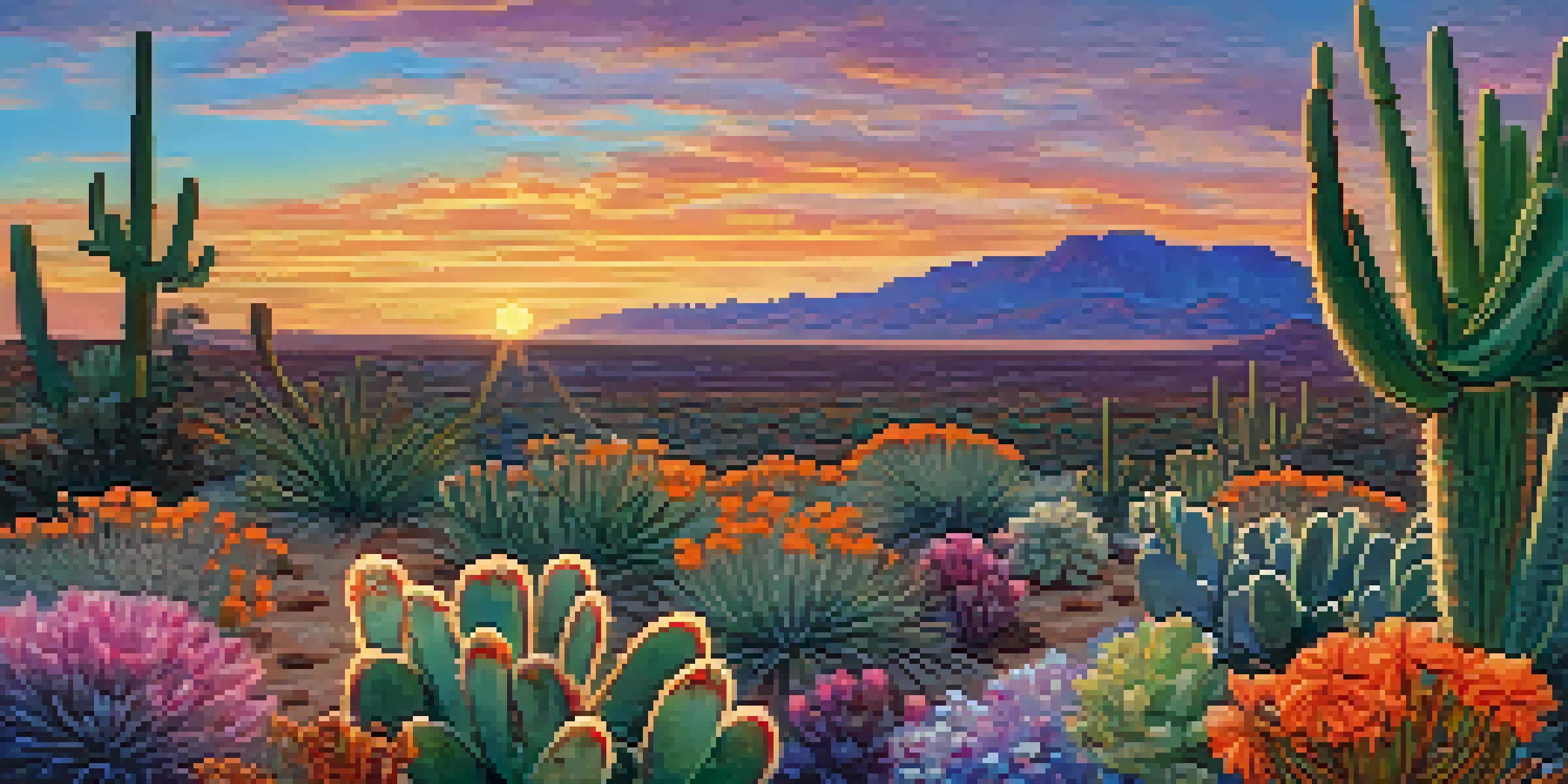 A desert landscape at sunset with a small peyote cactus in the foreground, surrounded by colorful wildflowers and a vibrant sky.