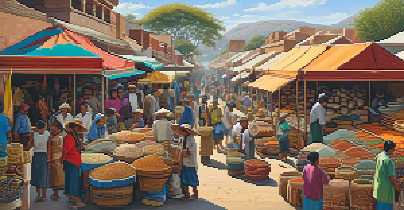 A lively market scene featuring peyote products and Indigenous art, with colorful stalls and people interacting under a sunny sky.